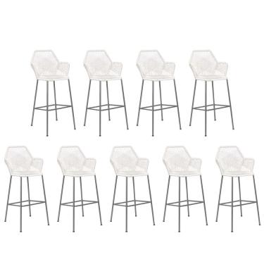 Imagem de Kit 09 Banqueta Alta Com Encosto Sttar Cozinha Balcão Ferro Cinza Fibra Branco - Amey Decor