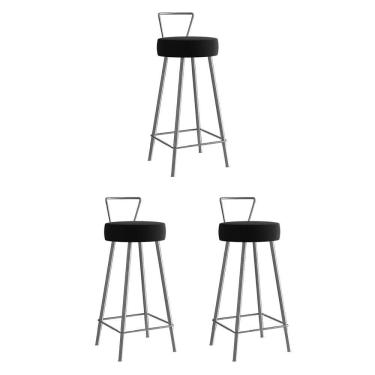 Imagem de Kit 03 Banqueta Alta Encosto Tays Eiffel Cozinha Bistrô Ferro Cinza Sintético Preto Amey Decor