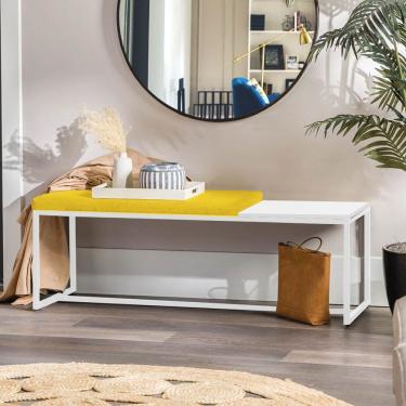 Imagem de Banco Recamier Puff 195cm Industrial Branco Corino Amarelo Tampo Quadrado Mdf Branco