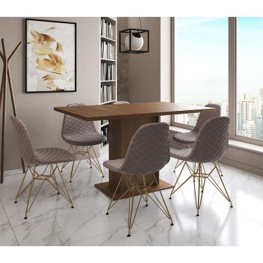 Imagem de Mesa Jantar Londres Retangular Amêndoa 137X90Cm 6 Cadeiras Estofadas Nude Médio Base Dourado