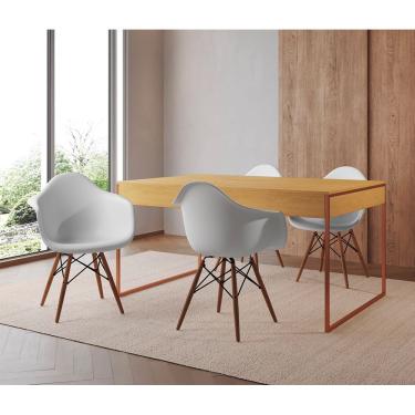 Imagem de Mesa Jantar Industrial Filadélfia Canela 137X90Cm Base Cobre Com 4 Poltronas Brancas Ma Marrom