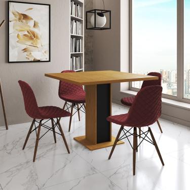 Imagem de Mesa Jantar Londres Quadrada Canela 90Cm Base Preta 4 Cadeiras Eames Estofadas Vermelho Madeira