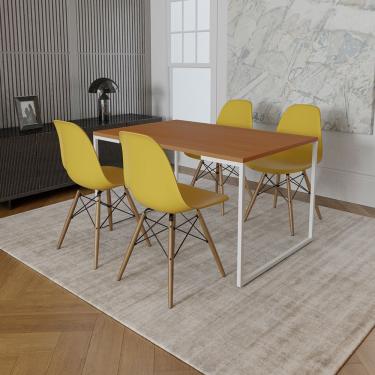 Imagem de Mesa Industrial Base Ferro Branco Tampo 137X90 Canela 4 Cadeiras Madeira Assento Amarelo Marrom