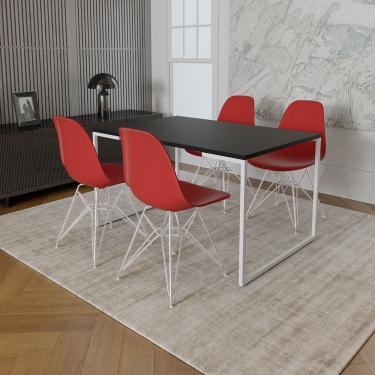 Imagem de Mesa Industrial Base Ferro Branco Tampo 137X90 Preto 4 Cadeiras Ferro Branco Assento Vermelho Preto