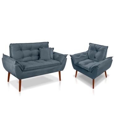 Imagem de Kit 01 Poltrona Opala + 01 Namoradeira Opala + 02 Almofadas Suede Azul Turquesa