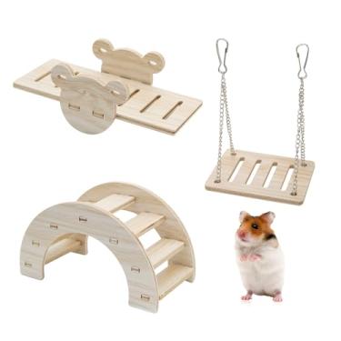 Imagem de LuckyOpt 3 peças de brinquedos para hamsters, balanço de hamster de madeira, ponte e gangorra, acessórios para gaiola de hamster, brinquedo de atividade para disjuntor de tédio, pequenos animais de