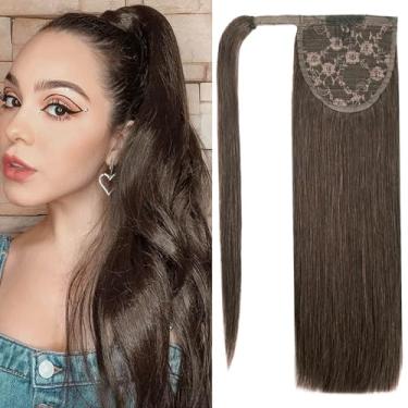 Imagem de Extensões de cabelo humano de 35,5 cm 80 g #2 marrom escuro 100% cabelo humano Remy envolto em torno de rabo de cavalo longo em extensões de cabelo liso uma peça de cabelo (35,5 cm, marrom escuro)