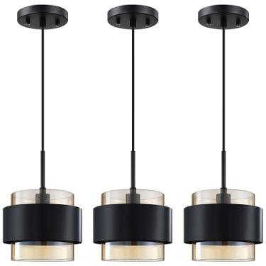 Imagem de Dolaimy House - Pacote Com 3 Luminárias Suspensas Para Cozinha, Estilo Fazenda Industrial Moderna, Luminária Pendente De Vidro Âmbar Cúpula Metal 6,5", Acabamento Preto Sobre A Pia, Restaurante, Bar