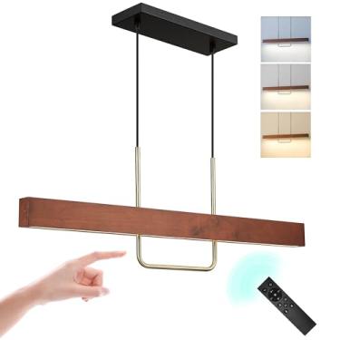 Imagem de ELYONA Luminária Pendente Linear De Madeira 35,5" Com Led 20 W, Ilha Cozinha Controle Remoto E Toque, Temperatura Cor Ajustável Em Metal Latão Para Sala Jantar, Escritório, Mesa Sinuca