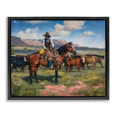 Imagem de Stupell Industries Desenho de arte de parede em tela flutuante com moldura preta Cowboy Cattle Roundup por Jack Sorenson, 78 x 63 cm