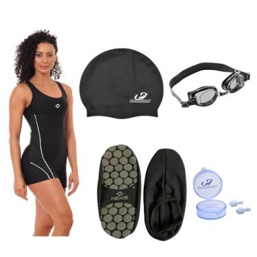 Imagem de Kit Maiô Macaquinho Hidroginástica Óculos + Touca + Protetor E Sapatilha (Óculos - Preto/Sapatilha Preto - G, P)