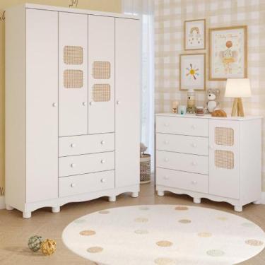 Imagem de Quarto de Bebê Completo Guarda Roupas 4 Portas Cômoda 1 Porta 4 Gaveta