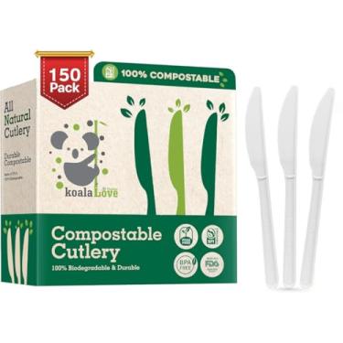 Imagem de Koala love Facas KOALALOVE-150 peças 100% compostáveis - 150 utensílios descartáveis grandes, alternativa durável e resistente ao calor para facas de plástico com bandeja conveniente