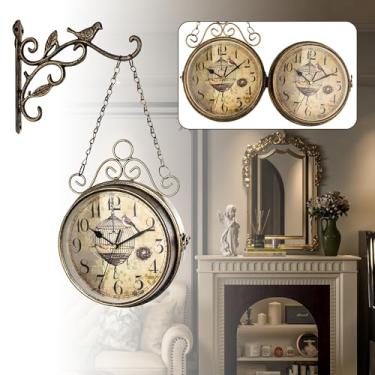 Imagem de Relógio de parede dupla face vintage de 20 cm, movimento de quartzo silencioso sem tique-taque, relógio antigo de ferro retrô de dois lados para escritório, café, biblioteca, quarto, sala de estar