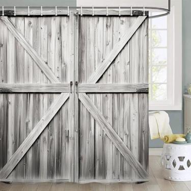 Imagem de JAWO Cortina de chuveiro para porta de celeiro, cortina de chuveiro rústica estrela do oeste do Texas, conjunto de banheiro à prova d'água para porta de garagem de cabine com ganchos, 187 x 213 cm