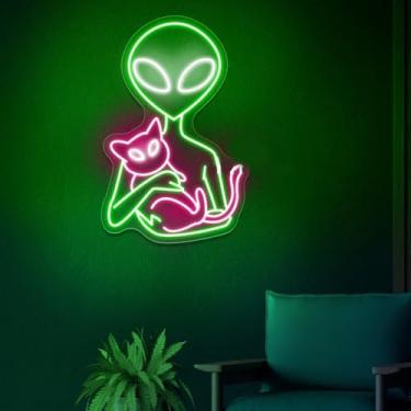 Imagem de Sinais de néon alienígena luz LED alienígena gato néon gato néon sinal de néon decoração de quarto de berçário sinal de LED personalizado sinal de néon UFO sinal neon