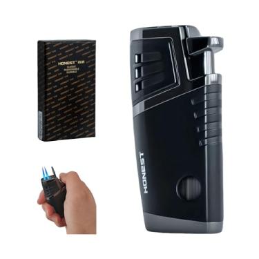 Imagem de Isqueiro de tocha de butano perfurador embutido duplo azul chama a jato grande janela de gás visível caixa de presente elegante (sem gás)