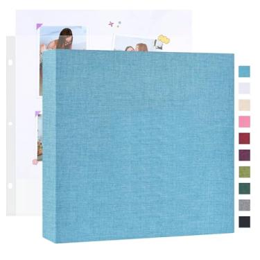 Imagem de Mublalbum Álbum de fotos faça você mesmo com 3 anéis, 25 x 25 cm, com 20 capas de plástico, 40 páginas, capa de linho, fichário para bebê, viagem, casamento, aniversário e projetos DIY (azul)