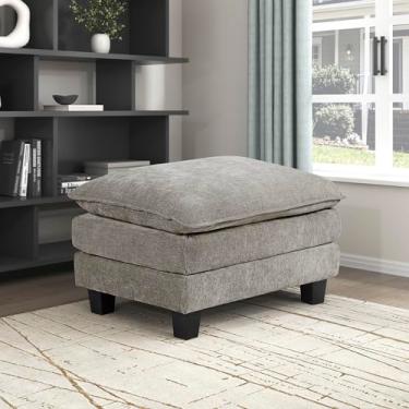 Imagem de Lexicon Otomano retangular estofado de chenille, banquinho para os pés, pés de madeira sintética preta, moldura durável, grande acolchoado, modular para sofá para sala de estar, quarto, montagem