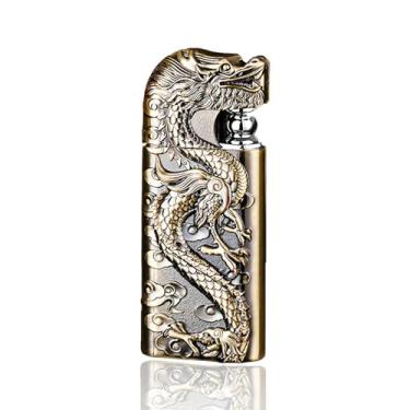 Imagem de WJMTXAZH Isqueiro antigo de dragão esculpido, isqueiros de metal vintage legais, isqueiros de butano recarregáveis, isqueiros exclusivos presentes para homens, para acampamento de velas (sem