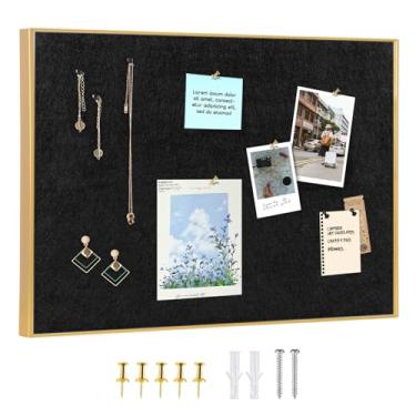 Imagem de Quadro de pinos emoldurado de alumínio dourado com feltro preto, aprox. 50,8 x 76,2 cm quadro de avisos com pinos, parafusos de olhal, juntas, parafusos, placa de cortiça alternativa para escritório