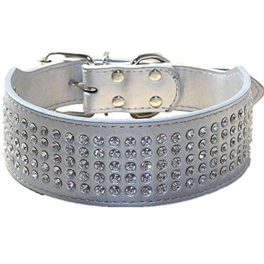 Imagem de Coleiras para cachorro com strass haoyueer 5 cm de largura 5 fileiras de diamantes de cristal brilhantes brilhantes brilhantes elegantes de couro PU chique para cães de médio e grande porte (Prata, P)