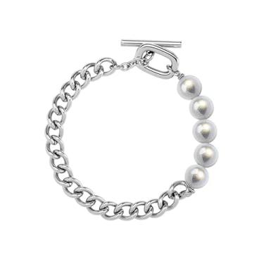 Imagem de IDOKAWA Pulseira de corrente moderna de aço de titânio com pingente de coração / letra gótica M e pérola sintética de 5/7 mm, joias presentes para mulheres e homens, aniversário, dia dos namorados