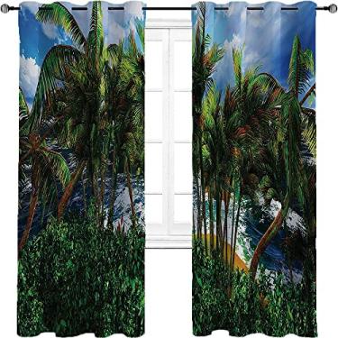 Imagem de Cortinas blackout Havaí para quarto - Cortinas escurecidas com isolamento térmico com ilhós para sala de estar, 2 painéis por grupo são usados na sala de estar ou quarto, L 203 x C 182 cm verde azul