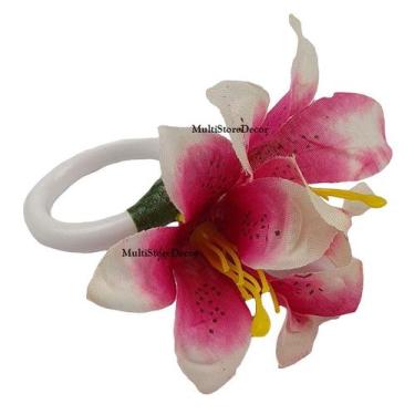 Imagem de KIT 06 Argola Porta Guardanapo Anel Flor de Lírio Pink Floral Mesa Pos