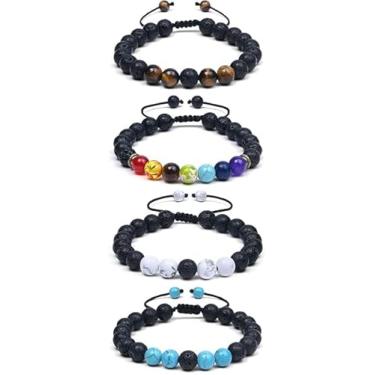 Imagem de Aucuu 4 pulseiras com contas, pulseiras de contas de pedra vulcânica de 8 mm para homens, pulseira de olho de tigre, pulseiras ajustáveis para homens e mulheres