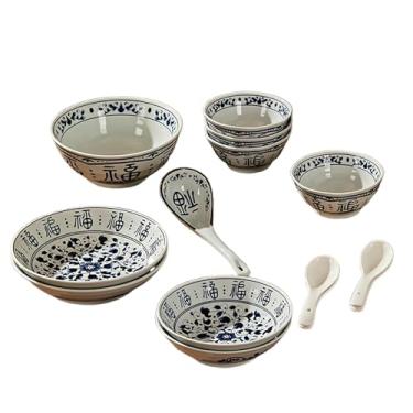 Imagem de Conjunto de pratos Fuzi azul e branco resistentes a altas temperaturas simples e requintados para uso doméstico de cor sólida chinesa para 4 pessoas.