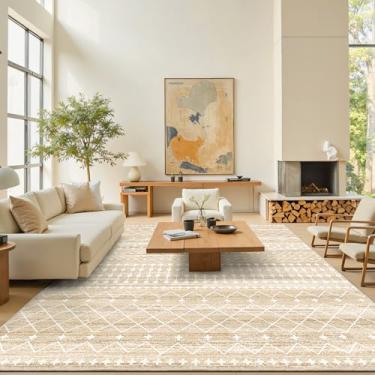 Imagem de Miukiki Tapete de área de 22 x 30,5 cm para sala de estar, marroquino, lavável, antiderrapante, tapete de piso interno, dobrável, grande, macio para sala de jantar, quarto, com pelo baixo (bege, 2,5 x
