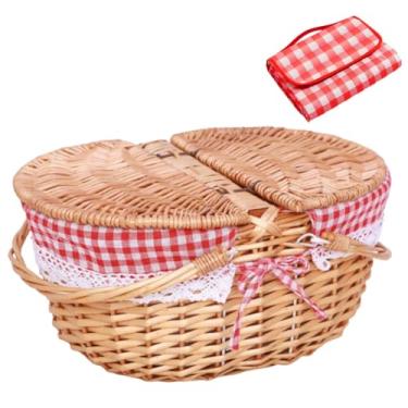 Imagem de Cesta de piquenique com forro – Cestas de piquenique de vime com tampa – Cesta de tecido grande estilo vintage com alças duplas dobráveis para acampamento, Dia dos Namorados, Ação de Graças (35 cm P x