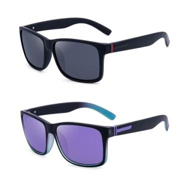 Imagem de LECKIRUT Óculos de sol vintage polarizados para homens e mulheres, retrô, grande, quadrado, espelhado, óculos de sol, B2 (2 peças) Preto Vermelho/Cinza + Roxo, One Size