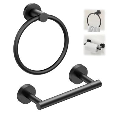 Imagem de Conjunto de 2 peças de acessórios de banheiro, suporte de papel higiênico preto fosco, suporte de parede, suporte de rolo giratório duplo de aço inoxidável S304 e conjunto de anéis de toalha de mão