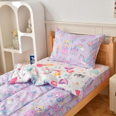 Imagem de Yadangxiawa Conjunto de edredom de 2 peças para meninas, solteiro, com zíper, unicórnio, para crianças, com estampa de unicórnio (roxo)