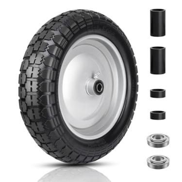 Imagem de FEILOONG Pneu e roda de 4,80/4,00-8, pneu de carrinho de mão plano livre de 36,8 cm, rolamentos de 5/20.3 cm 3/10.2 cm, pneus de substituição sólidos universais, cubo centralizado de 7,6 cm a 17,8 cm