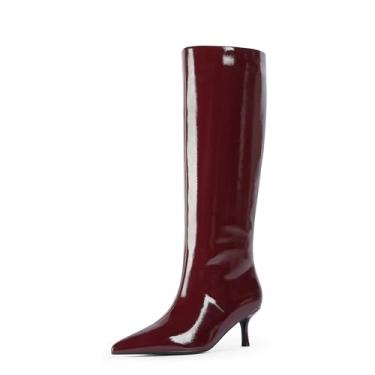 Imagem de Modatope Botas até o joelho femininas salto gatinho botas altas bico fino bota longa para mulheres, Vinho envernizado, 36