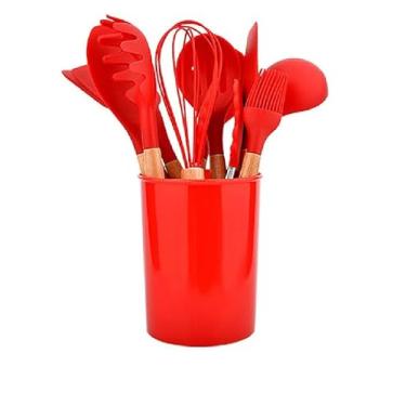 Imagem de Jogo 12 peças Silicone/Madeira Talher Escumadeira Utensilio Cozinha (Azul) (Vermelho)