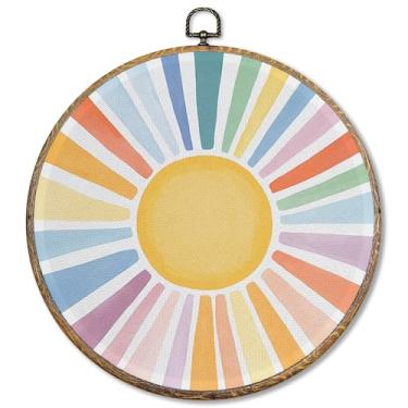 Imagem de Sufamb Decoração de parede redonda com luz do sol colorida boho, arte abstrata em tela emoldurada, decoração de parede boho para sala de aula, decoração de sala de jogos, 25 x 25 cm