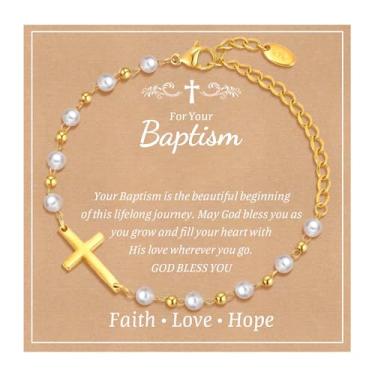 Imagem de Presente de pulseira de cruz de batismo de bebê: 18 k banhado a ouro / prata delicada pérola cruz pulseiras crianças filha neta aniversário primeira comunhão confirmação presentes joias cristãs para