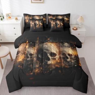 Imagem de Erosebridal Conjunto de edredom queen com caveira, 7 peças, cama de adulto de Halloween em uma bolsa para quarto, conjunto de cama gótico chique com edredom, lençóis, fronhas, estampa de chama, cinza