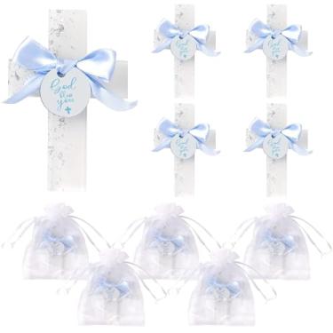 Imagem de Conjunto de 10 lembrancinhas de batismo para convidados God Bless You Cross Magnet para primeira comunhão batismo chá de bebê lembrancinhas de festa presente de batismo (laço prata e azul)
