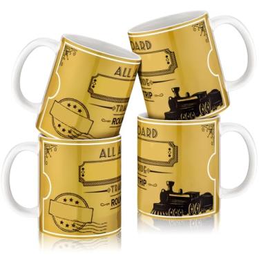 Imagem de Meanplan Pacote com 4 copos natalinos do pólo norte com bilhetes dourados de 340 g caneca de cerâmica a granel para chocolate quente, suco de leite de cacau para lembrancinhas de filmes de Natal