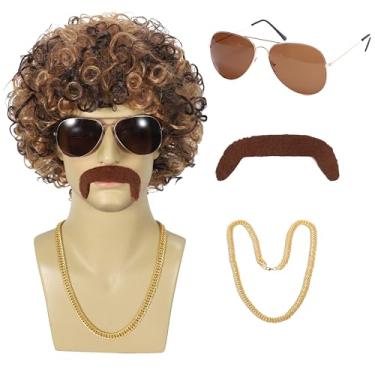 Imagem de MIHOYAXU Peruca de discoteca dos anos 70 e 80 com (conjunto de 5 peças), peruca masculina afro encaracolada marrom loira para festa retrô dos anos 60 hippies Rocker fantasia cosplay Halloween