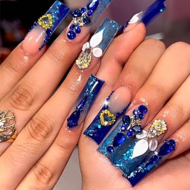 Imagem de RTKHFZE Unhas postiças quadradas extra longas com ponta francesa, unhas postiças de acrílico com gradiente azul, desenhos com strass e flores artificiais, cobertura total nas unhas, para mulheres