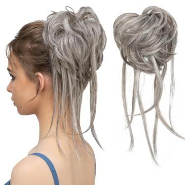 Imagem de CJL HAIR Extensões de coque bagunçado de cabelo cacheado com cauda reta cabelo sintético scrunchies rabo de cavalo para mulheres prata polar