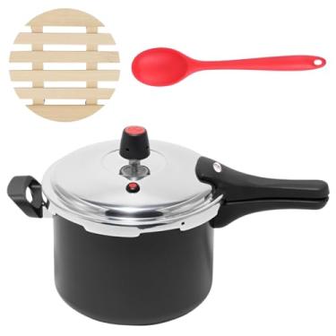 Imagem de Panela de Pressão 4,5 Litros Antiaderente Fechamento Externo + Descanso Redondo + Colher de Silicone Vermelha