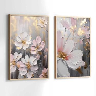 Imagem de Conjunto Quadros Decorativos com Moldura Arte Pintura Flores Branca Ki