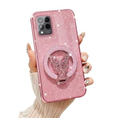 Imagem de Tesazxcn Capa de telefone para T-Mobile Revvl 6 Pro [compatível com Magsafe] com suporte de borboleta e cordão de TPU macio brilhante transparente à prova de choque capa para Revvl 6 Pro, ouro rosa